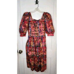 Size Medium Bonnie Boynton Plaid Floral Puff Sleeve Midi Dress Vintage Pockets